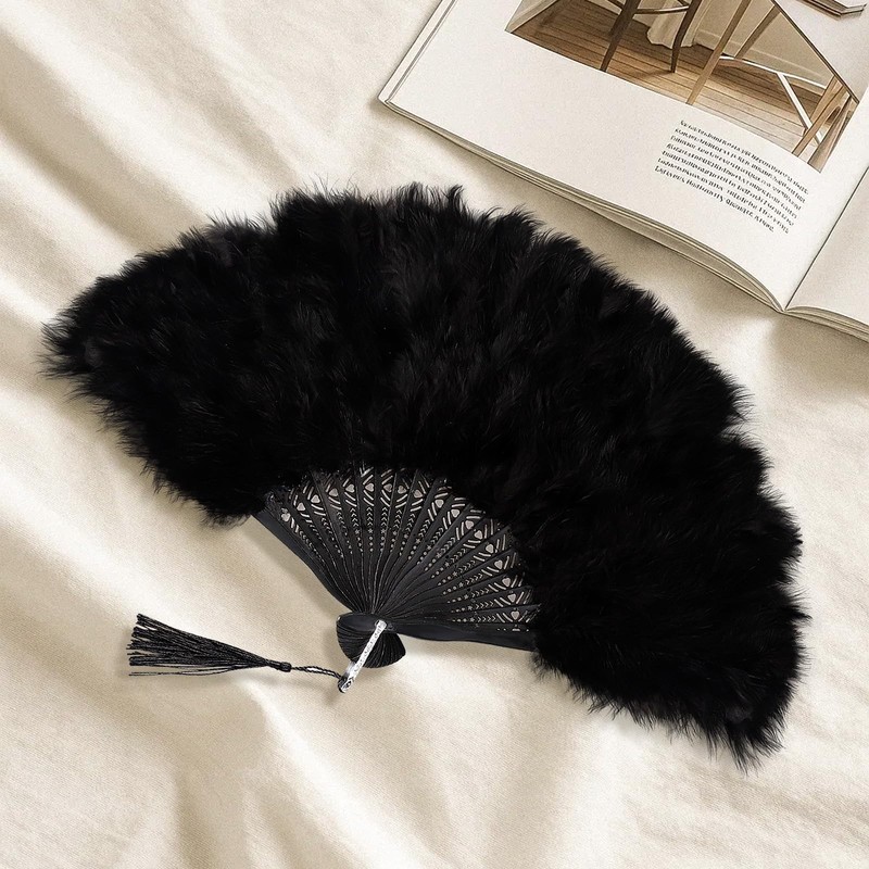 Black Feather Fan Marabou Vintage Foldable Fan Rave Handfan Renaissance