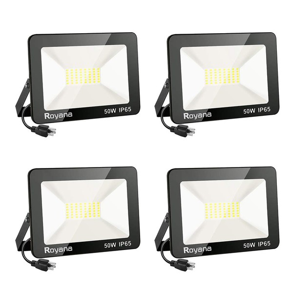 Royana 4 Pack 50W LED Flood Light Outdoor with Plug, 6000K 5000LM Super Bright Security Light, IP65 Waterproof LED Work Lights, Portable Daylight White Floodlight Spotlight for Yard Garden Court Lawn