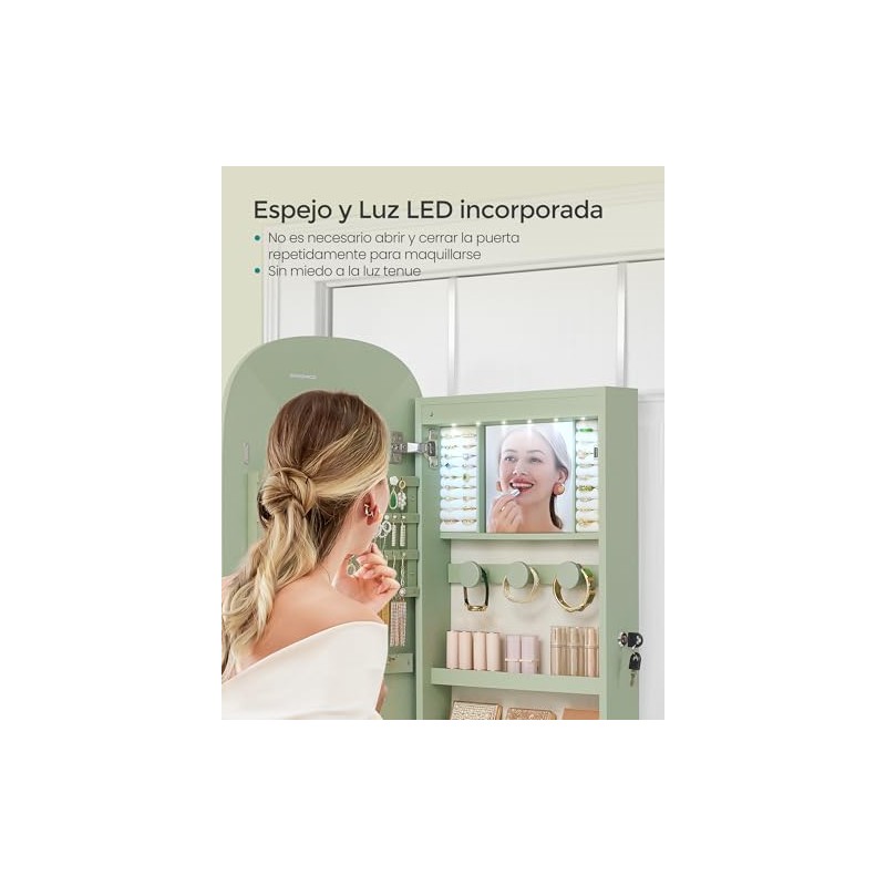 SONGMICS Espejo Joyero de Pared con Luz LED, 10 x