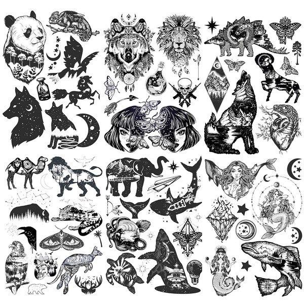 Konsait 6 Sheets Large Black Temporary Tattoo Stickers for Adults Men Women Animal Wolf Tiger Lion Skull Butterfly Dragon Black Tattoo Sticker Body Art Fake Arm Tattoos Stickers