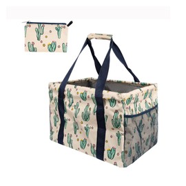 Extra Large Utility Tote Bag - Oversized Collapsible Tote with Wire Frame, Durable Reusable for Beach, Groceries, Laundry, Car Trunk, Storage and Travel - Includes 5x7 Bag with Hook - Cactus