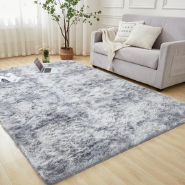 Andency 8x10 Shag Area Rug for Living Room, Tie-Dyed Light Grey Soft Fuzzy Plush Indoor Carpets for Bedroom, Non Skid Fluffy Faux Fur Rug for Room