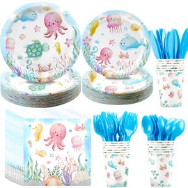 NAIWOXI Under the Sea Party Decorations Dinnerware - Ocean Birthday Plates And Napkins Party Supplies, Plate, Napkin, Cup, Underwater Sea Theme Baby Shower Decorations Tableware | Serves 24
