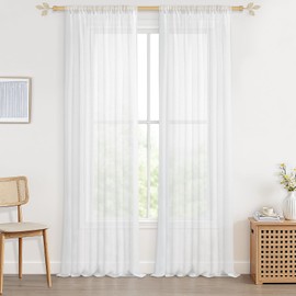 CUTEWIND Curtains with Rod Pocket, Linen Look Curtains, Transparent Curtain for Living Room, Bedroom, 140 x 280 cm (W x H), Set of 2, White