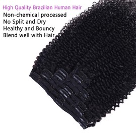 Curly Clip In Extension Human Hair 3C 4A Kinky Curly Clip Ins Full Head for Black Women Brazilian Remy Human Hair Natural Color 8Pcs with18clips 120g/Set (14 inch, curly wave)