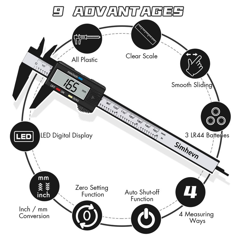 Simhevn Electronic Digital Calipers, inch and Millimeter Conversion,LCD Screen displays