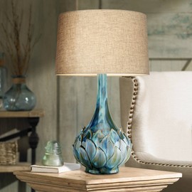 Possini Euro Design Kenya Modern Table Lamp 29 1/2" Tall Blue Green Reactive Glaze Ceramic Beige Linen Tapered Drum Shade for Bedroom Living Room House Home Bedside Nightstand Office Entryway Kids