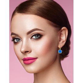 Gold Plated Stainless Steel Four Leaf Clover Dangle Earrings for Women (Blue-Gold Plated)