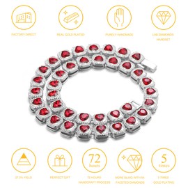 Halukakah Diamond Cuban Chain for Men, 13 mm, 18 K Real Gold Plated/Platinum Plated, Loving Heart, Ruby Diamond Necklace Bracelet, Prong Set, Laboratory Diamonds, with Free Gift Box, Brass, No