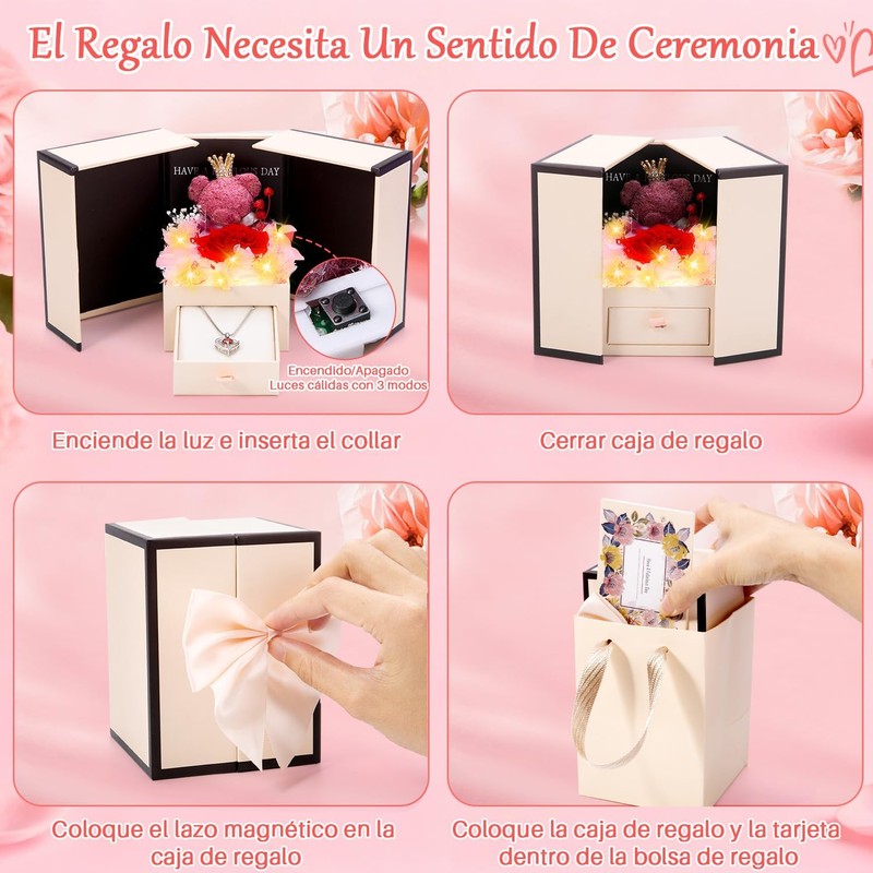 Nasjac Flor Rosa Eterna,Collar y Pendientes,Oso LED,Regalo Ideal para Mujer