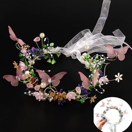 OCOUYVD Flower Crown for Women, Adjustable Pearl Pink Butterfly Rhinestone Handmade Garland Crown Hair Wreath for Wedding Festival Party Floral Crowns for Girls Headhand Hair Accessory