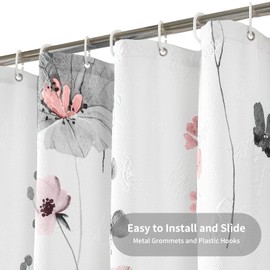 QiyI QiyI Small Stall Shower Curtain 36 x 72, Narrow Half Watercolor Floral Bath Curtain, 3D Embossed Grey Pink Flower Cloth Bathroom Curtain, Waterproof Fabric White Shower Curtain Set with Hooks