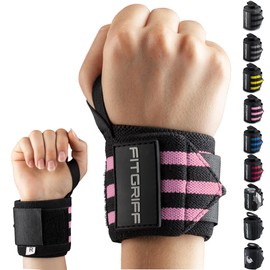 Fitgriff® Wrist Wraps for Weightlifting (18") Heavy-Duty Support for Gym, Bench Press, and Pushups (1 Pair) - for Men and Women (Black/Pink)