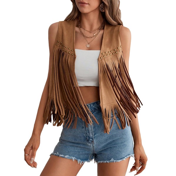 GORGLITTER Women's Tassel Fringe Sleeveless Vest Fringe Suede 70s Hippie
