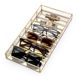 Hipiwe Glass Sunglass Organizer Tray Eyewear Eyeglass Storage Display Case Gold Mirrored Jewelry Perfume Display Tray Vintage Gold Sunglass Storage Case for Drawer Dresser Closet, 6 Slots