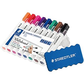 Staedtler Lumocolor 351 WP8 Whiteboard Marker (Bullet Tip Approx. 2 mm Line Width, Set of 8 Colours (1 Pack, Eraser)