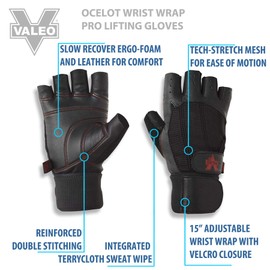 Valeo Wrist Wrap Padded Ocelot Lifting Gloves, Gym Gloves, Workout Gloves, Exercise Gloves for Powerlifting, Cross Training, Rowing for Men & Women, Black, M (Fits 8-9 inches)