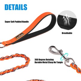 Dog Leash Chew Proof, Chain Leash Anti Chew Dog Leash for Large Dogs Heavy Duty, Indestructible Metal Leash Anti Bite Chain Link with Woven Cord Soft Padded Handle (Orange, 4FT)