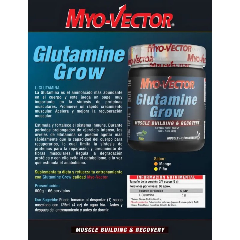 Myo-vector Glutamine Grow Sabor Mango De 600g