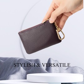 LARENNT Full Grain Leather Coin Purse with Key Chain - Small Change Purse Keychain Card Holder Keychain Pouch Small Keychain Wallet for Women and Men (Eggplant Purple), Eggplant Purple, Art Deco