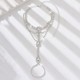 Crystal Women Ankle Bracelets with Toe Ring Bridal Foot Chain Rhinestones Brides Foot Jewelry for Beach Lawn Wedding Barefoot Anklets (Silver, One Size)