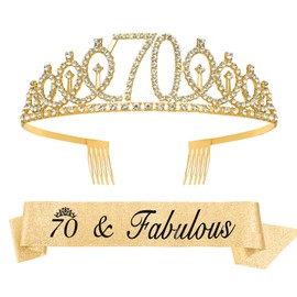 Birthday Tiara for Women, 70th Birthday Crown for Women,70th Birthday Tiara,70th Birthday Decorations,Happy Birthday Headband,Tiaras and Crowns for Women 70th Birthday,Gold 70th Birthday Crown Sash
