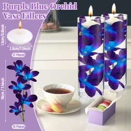 Floating Flowers for Centerpieces Blue Faux Orchid Flowers Vase Fillers Floating Candles Purple Orchid Wedding Table Decor Filling Unscented Floating Candles for Birthday Wedding Party (28 Pieces)