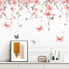 Buiory Removable Pink Flower Wall Decals - DIY Hanging Vine Floral Stickers, Peel and Stick Plants, Butterfly Murals for Baby Girls Nursery, Bedroom, Living Room, Sofa, TV Background