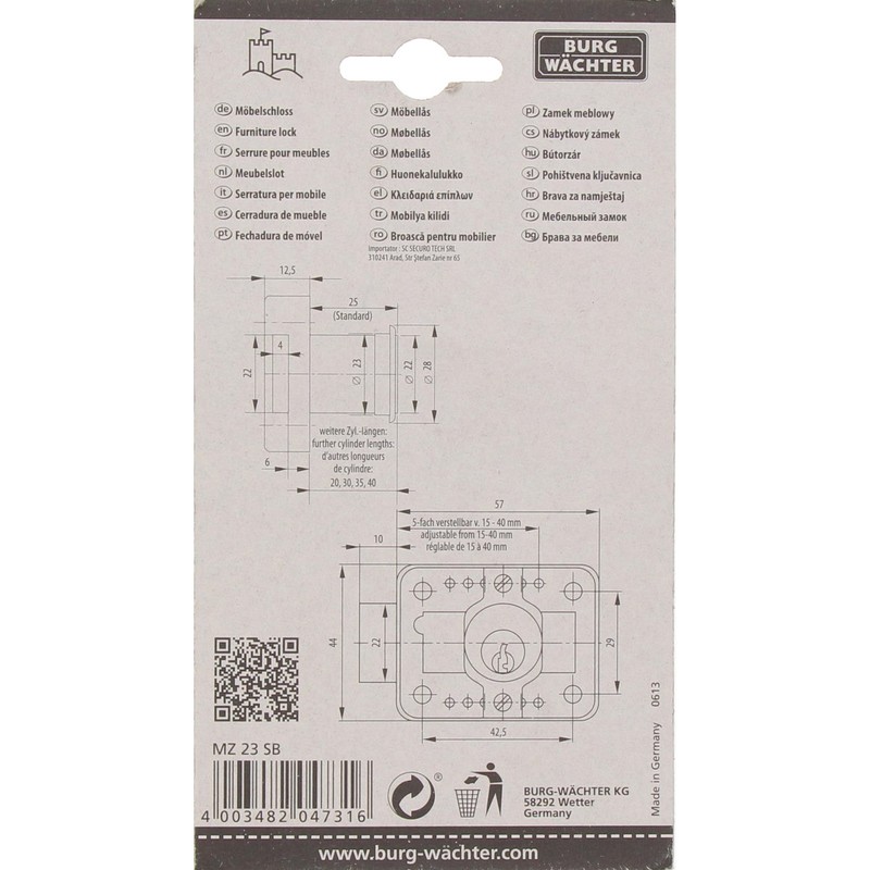 Burg Wächter Stop Lock for Drawers MZ 23/25 mm Polished Brass,