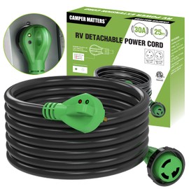 30 Amp 25 FT RV Detachable Power Cord, TT-30P to L5-30R, Heavy Duty PVC Jacket, Easy Plugin Handle, Colorful Storage Bag, and Plastic Strap Organizer