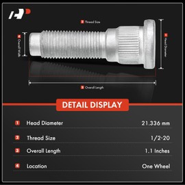 A-Premium 1/2 inch-20 Wheel Studs Compatible with Jeep Grand Cherokee 2002-2010 Wrangler 2007-2017 Wrangler JK 2018 Commander 2006-2010 5-PC Set