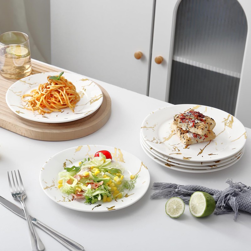 Loymokinar Modern 6-Piece Dinner Plate Set, 10-Inch White Marble Ceramic