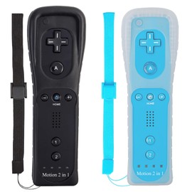 ECRAB Wii Remote Controller (2 Pack) with Motion Plus Compatible with Wii U Console - Shock Function (Black+Blue)