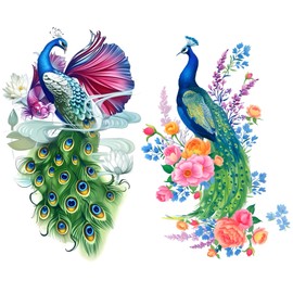 Nirbffo Large Temporary Tattoos Peacock Flowers Legs Arm Belly Back Waterproof Sticker 4 Sheets