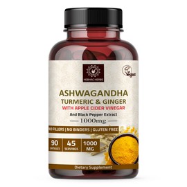 Hebhac Herbs Ashwagandha Capsules 90 Capsules 1000mg with Turmeric, Ginger, Apple Cider Vinegar and Black Pepper Extract | GMO Free, Gluten Free, Vegan | 45 Days Supply.
