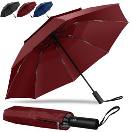 Lehwoik Umbrella Windproof Strong, Double Canopy Folding Umbrella, 8*2 Fiberglass Ribs, Compact Travel Umbrella, Inverted Design, Auto Umbrella One Button Open/Close with Anti-Rebound Handle - Claret