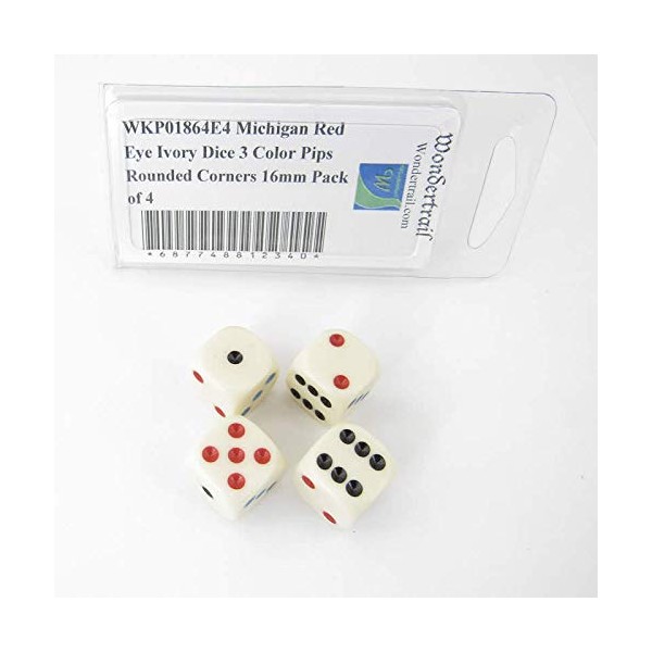 Michigan Red Eye Ivory Dice with 3 Color Pips Rounded Corners 16mm (5/8in) Pack of 4 Wondertrail