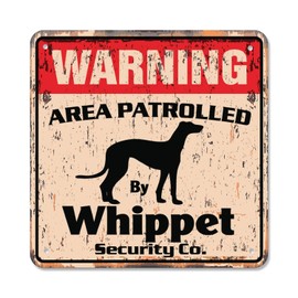 Whippet Vintage Security Sign Area Patrolled pet Guard bark Greyhound Owner Lap Vet Gift Rigid Plastic | Indoor/Outdoor | 14" Wide