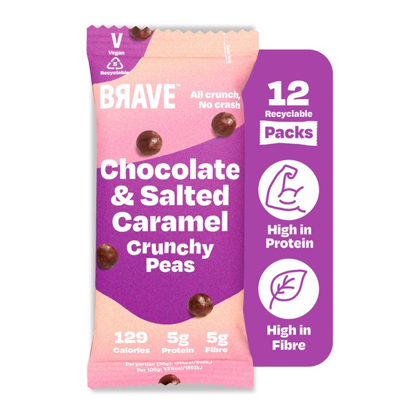 BRAVE Crunchy Peas: Chocolate & Salted Caramel - Delicious Healthy Snacks - Vegan - High in Plant Protein & Fibre - Low Calorie - Plant-Based, Dairy-Free - Lower Sugar - Box of 12 Packs (35g Each)