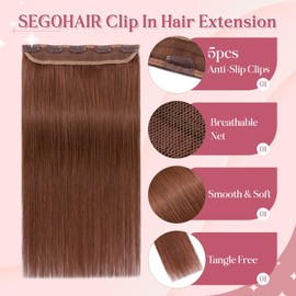 SEGOHAIR Clip In Hair Extensions for women One Piece 5 Clips Real Human Remy Hair Extension Long Straight Hairpieces for women 18 Inches #33 Dark Auburn