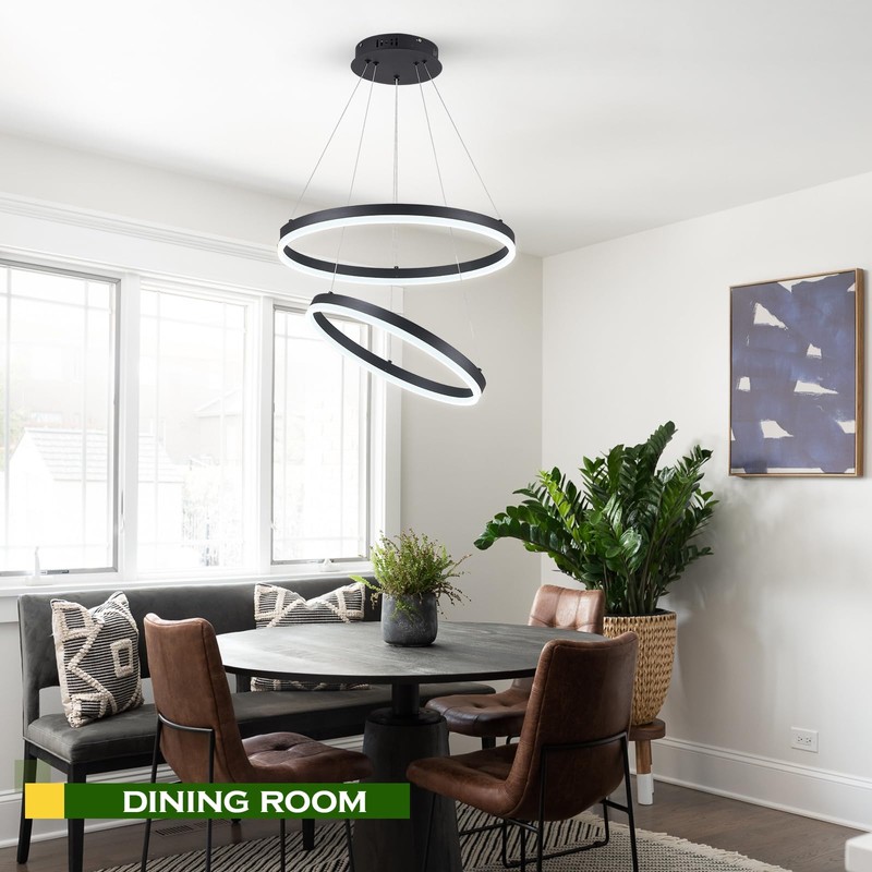 Benkut 2-Rings Modern LED Chandelier Black for Dining Room, Circular