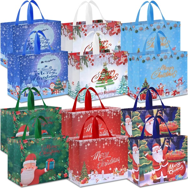 AhfuLife Pack of 12 Christmas Gift Bags, Large, Non-Woven Christmas Bags with Handles, Reusable Christmas Gift Bags, Christmas Gift Bags, 40 x 36 x 15 cm