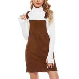 Hooever Women's Cute Corduroy Overall Bib Dress Pinafore Suspender Dress Skirt Jumper（Brown-M）