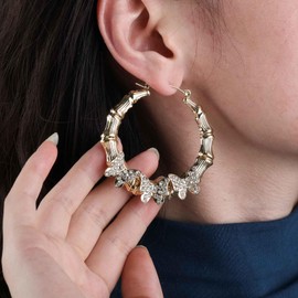 Aneneiceera Vintage Cz Butterfly Hoop Earrings Gold Large Bamboo Earrings Chunky Hoop Dangle Earrings Crystal Butterfly Huggie Earrings Jewelry for Women