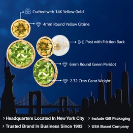 Gem Stone King 14K Yellow Gold Green Peridot and Yellow Citrine Earrings For Women (2.32 Cttw, Gemstone August Birthstone, Round Cut 6MM and 4MM)