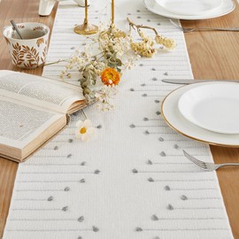 Wracra Boho Table Runner, Natural Cotton Woven Macrame Table Runners 108 Inches Long for Modern Farmhouse Woven Home Decor, 14x108 Inch, Grey