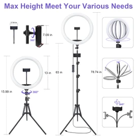 10" Selfie Ring Light with 73" Tripod Stand & 1 Phone Holder, LED Camera Ringlight with 48 RGB Colors Modes & Musical Rhythm Mode and 12 Brightness Dimmable for TikTok/Makeup/Photography/Vlog