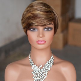 Mysyty Highlight Short Bob Wig Human Hair Pixie Cut wigs for Women Short Layered None Lace Front Wigs Full Machine Made Wig (pixie cut wig, Highlight)