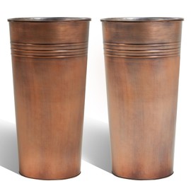 KOL 25'' Tall Galvanized Steel Planter Pot with Water Level Indicator - 2-Pack Self Watering Planters Flower Pot for Plants - Round Powder Metal Planter Box - Indoor Outdoor Grande Plant - Bronze