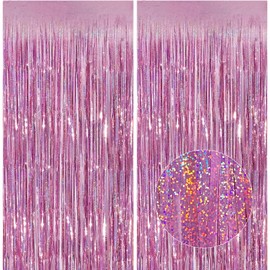 Lericttor 2Pcs 3.3ft x 8.2ft Tinsel Curtains Pink Glitter Foil Fringe Curtain Backdrop Streamers, Metallic Tinsel Foil Curtains Background Streamers for Wedding Baby Shower Birthday Party Decorations
